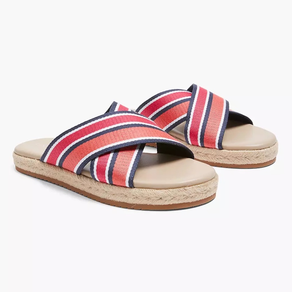 Lane Bryant Coral White Navy Striped Espadrille Flat Cushioned Slide Sandals 10W
